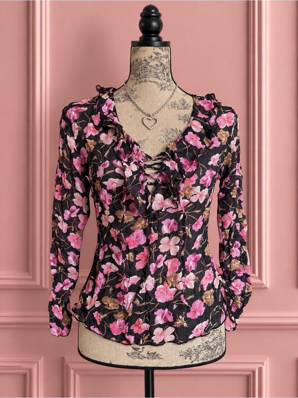 Y2K Floral Lace-Up Ruffle Blouse Size M